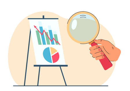 Hand of worker with magnifier studying business chart. Bar graphs, diagram and upward arrow as symbol of improvement flat vector illustration. Growth, development concept for banner or website designのイラスト素材