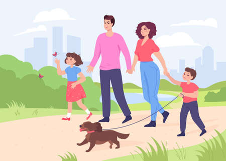 Happy cartoon mom, dad and children walking dog together. Father, mother and kids with puppy in park flat vector illustration. Family, love, pets, outdoor activity concept for banner, website designのイラスト素材