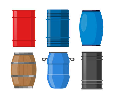 Barrels for alcohol or chemical liquid vector illustrations set. Containers for beer, fuel or oil, steel and wooden barrels for pubs isolated on white background. Cargo, alcohol, storage conceptのイラスト素材
