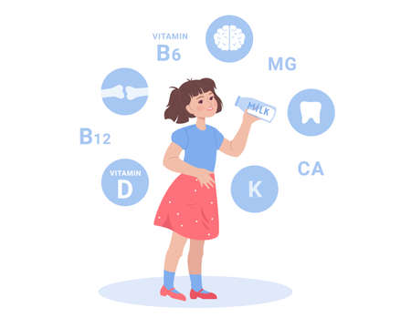 Cute cartoon girl drinking milk from glass bottle. Vitamin symbols around child with healthy diet holding delicious write drink in hand flat vector illustration. Breakfast, food, health conceptのイラスト素材
