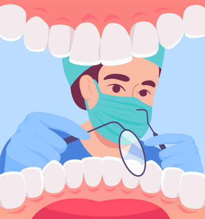 Cartoon dentist in mask looking into open mouth of patient. Inside view of white healthy teeth, medical checkup flat vector illustration. Oral or dental hygiene concept for banner or landing web pageのイラスト素材