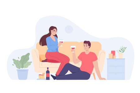 Couple having date at home while drinking wine or champagne. Woman sitting on couch and man sitting on floor flat vector illustration. Love, romance relationship, anniversary concept for bannerのイラスト素材