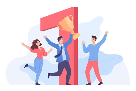Group of employees with award or trophy in front of number one. Cartoon business people as competition winners with cup for first place flat vector illustration. Success, challenge, victory conceptのイラスト素材