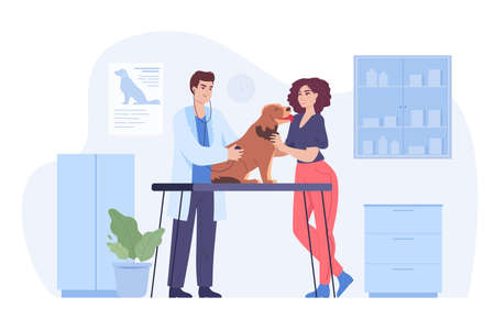 Male veterinarian helping dog of female owner in animal center. Doctor checking health of cute pet flat vector illustration. Veterinary clinic, animal care, medicine concept for banner, website designのイラスト素材