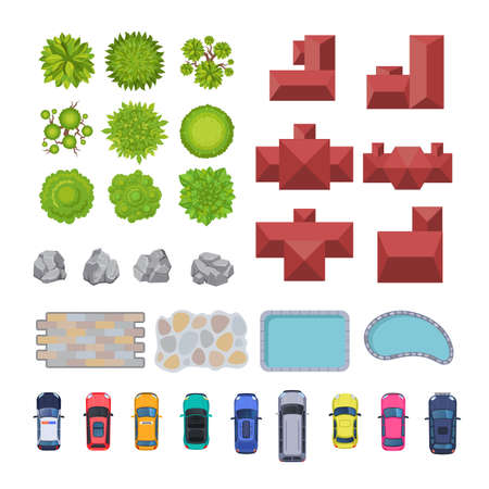 Top view of city elements for scheme vector illustrations set. Aerial view of cars, houses, trees, plants, street or park elements for cityscape plan or map. Landscape design, architecture conceptのイラスト素材