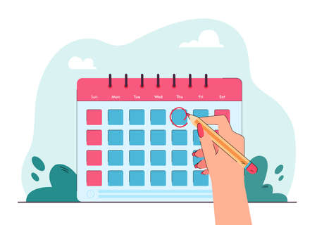 Female hand with pencil circling day on calendar. Person planning weekly schedule flat vector illustration. Time management, organization concept for banner, website design or landing web pageのイラスト素材