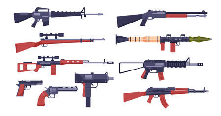 Different guns or machine pistols cartoon illustration set. Colorful rifles, shotguns, shooters,...