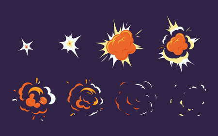 Explosive effect with smoke cartoon illustration set. Blast of bomb, dynamite, orange burst or flash...