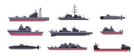 Military ships and submarines cartoon illustration set. Various warships, vessels and boats on white background. Navy, sea power, marine forces, war, battle conceptのイラスト素材