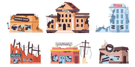 Destroyed city buildings cartoon illustration set. Ruined bank, hospital, abandoned supermarket,...