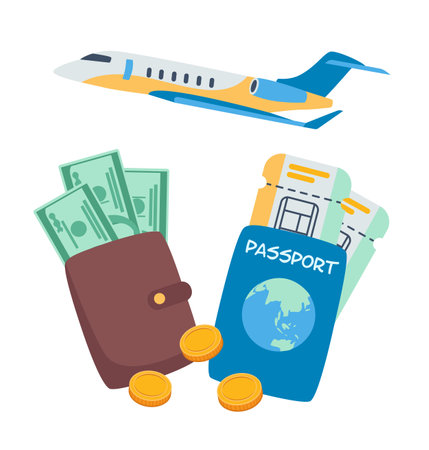 Traveling by air elements vector illustrations set. Collection of cartoon drawings of journey items, wallet with money, passport, plane tickets, airplane. Tourism, adventure, immigration conceptのイラスト素材