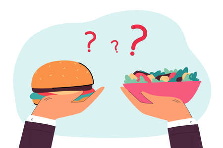 Healthy food against fast-food. Vegetable salad and unhealthy food. Person deciding between them. Food concept for banner, website design or landing web pageのイラスト素材