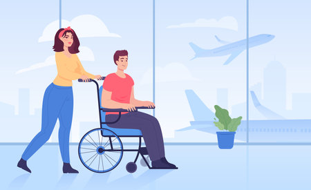 Man with physical disability in wheelchair in airport. Female helping male with getting on flight, inclusive airport flat vector illustration. Accessibility, traveling, journey concept for bannerのイラスト素材