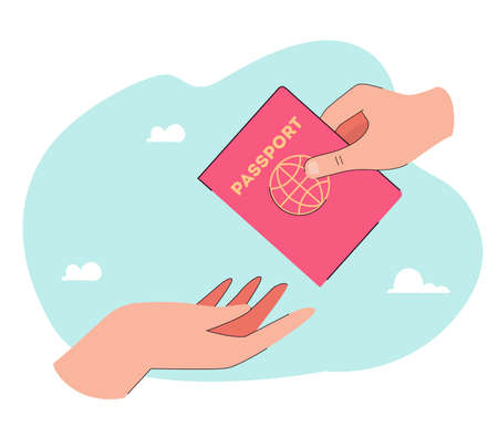 Hand giving passport with red cover to person. Getting visa or foreign citizenship by people flat...
