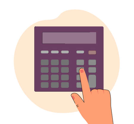 Hand of man using calculator, touching buttons with finger. Person calculating numbers flat vector illustration. Data calculation, algebra concept for banner, website design or landing web pageのイラスト素材