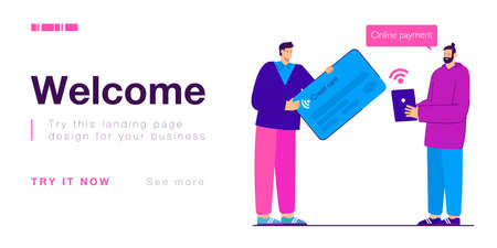Man paying online via tablet and person holding huge credit card. Payment methods flat vector illustration. Online payment, money transfer concept for banner, website design or landing web pageのイラスト素材