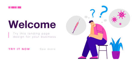 Man thinking about vaccine and virus. Male character choosing between risk of vaccine and disease flat vector illustration. Health, vaccination, medicine concept for banner, website designのイラスト素材
