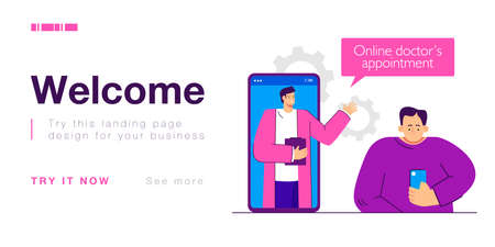 Man having online doctors appointment. Patient having professional consultation at distance flat vector illustration. Modern technology, internet concept for banner, website design or landing web pageのイラスト素材
