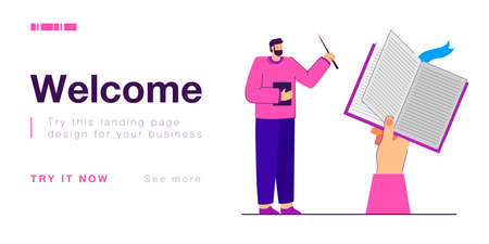 Teacher with pointer and giant hand holding school diary. Professor teaching, checking homework in classroom flat vector illustration. Education concept for banner, website design or landing web pageのイラスト素材