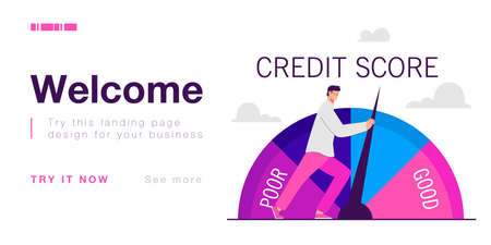 Businessman pushing credit score speedometer from poor to good. Tiny person improving personal credit history with efforts flat vector illustration. Business reputation of customer, loan conceptのイラスト素材