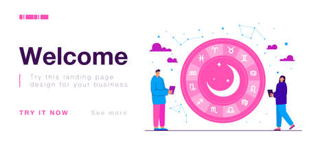 Man and woman looking at star signs in sky and reading horoscope. Tiny people and set of zodiac constellations flat vector illustration. Astrology and astronomy, esoteric ornaments design conceptのイラスト素材