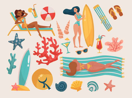 Women and beach activities vector illustrations set. Cartoon girls sunbathing, surfboards, seashells and corals isolated on white background. Summer, vacation or holiday conceptのイラスト素材