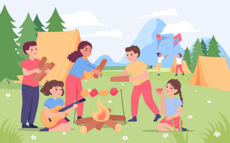 Cute children at summer camp in mountains. Happy boys and girls making friends, bringing wood for campfire flat vector illustration. Environment, leisure, camping concept for banner or landing pageのイラスト素材