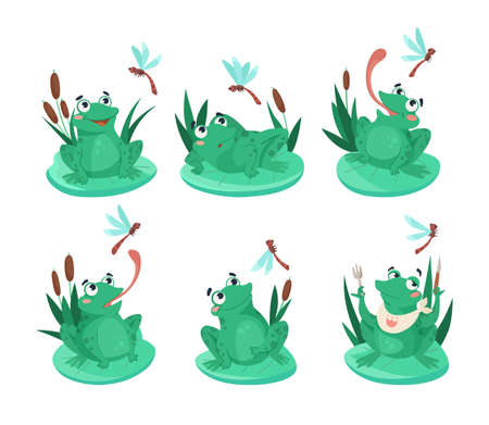 Comic frog catching dragonfly vector illustrations set. Funny aquatic animal cartoon character sitting on lily leaf in swamp isolated on white background. Nature, wildlife conceptのイラスト素材