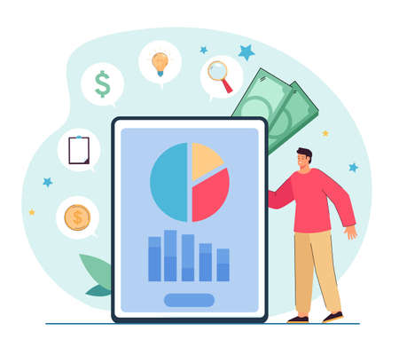 Tiny man near tablet with financial statistics on screen. Chart or diagram showing income or expenses flat vector illustration. Finances, budget, business concept for banner or landing web pageのイラスト素材