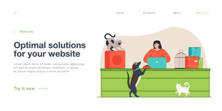 Pet shop seller selling vet goods for animals. Woman standing behind counter inside store near accessories and toys, cage and food on shelves flat vector illustration. Small retail pet shop conceptのイラスト素材