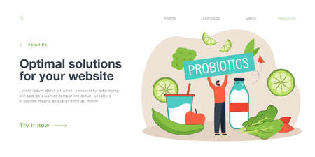 Tiny cartoon man holding big probiotics sign. Person with healthy diet and probiotic foods, gut health flat vector illustration. Healthy lifestyle, food concept for banner or landing web pageのイラスト素材