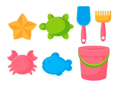Cartoon set of children sand toys. Shovel and rake. Childrens rest in the sandbox or on beach. Vector illustration isolated on white backgroundのイラスト素材