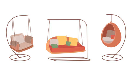 Hanging sofa and armchair set. Stylish object for home, terrace and garden. Porch, swing, luxury furniture vector illustration on white backgroundのイラスト素材