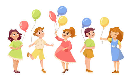 Happy cartoon children with balloons vector illustrations set. Collection of drawings of funny kids holding balloons, birthday party isolated on white background. Celebration, childhood conceptのイラスト素材