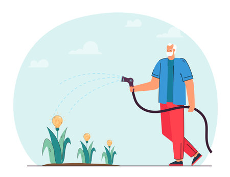 Man growing ideas. Bearded male character watering lightbulb flowers symbolizing ideas. Startup, creativity concept for website or landing pageのイラスト素材