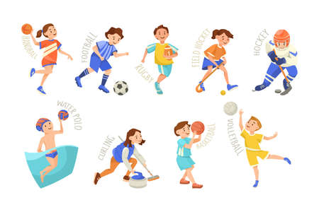 Children and different kinds of sports vector illustrations set. Boys and girls exercising and playing handball, water polo, football, basketball, hockey isolated on white background. Sports conceptのイラスト素材