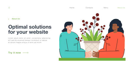 Afro-American and white women holding blooming plant. Female characters cultivating flower together flat vector illustration. Teamwork, cooperation concept for banner, website design, landing web pageのイラスト素材
