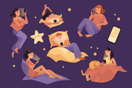 People reading in bed before sleep vector illustrations set. Cartoon man and girls lying and reading using cellphones on purple background. Internet addiction, night time, entertainment conceptのイラスト素材