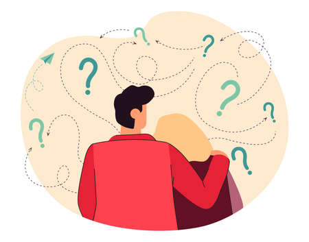 Couple thinking about important problem together. Back view of lost man and woman choosing decision flat vector illustration. Question, solution concept for banner, website design or landing web pageのイラスト素材