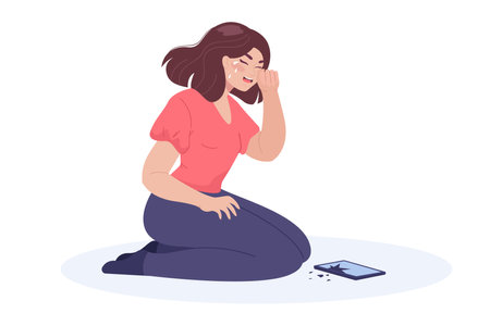 Sad woman crying because of broken mobile phone on floor. Stressed girl, smartphone with broken screen flat vector illustration. Technology, technology addiction concept for banner, landing web pageのイラスト素材
