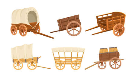 Vintage wooden farming vehicles vector illustrations set. .Old western carriages, wheelbarrows, carts or wagons from wood with big wheels isolated on white background. Farming, transportation conceptのイラスト素材