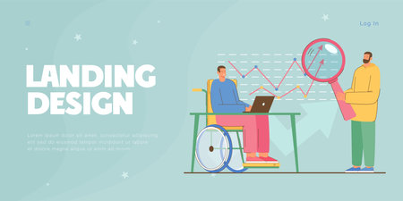 Office worker in wheelchair and income chart going up. Employee with magnifier analyzing statistics flat vector illustration. Finances, investment, success concept for banner, website designのイラスト素材