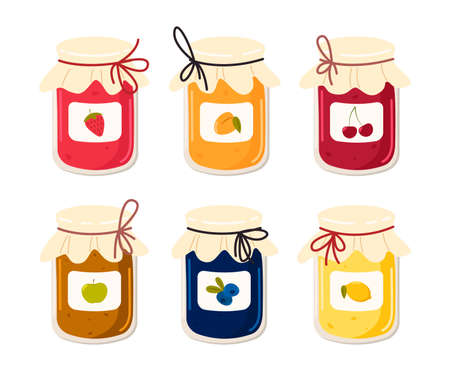 Glass jars with fruit or berry jam vector illustrations set. Cartoon drawings of cute jars with marmalade from juice of different colors isolated on white background. Food, dessert conceptのイラスト素材