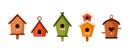 Different colorful birdhouses vector illustrations set. Hobby for children, cute houses or homes for birds on trees with holes of heart or circle shapes on white background. Nature, carpentry conceptのイラスト素材