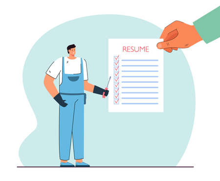Tiny technician or electrician and hand holding perfect resume. Engineer searching for job flat vector illustration. Maintenance, employment, recruitment concept for banner or landing web pageのイラスト素材