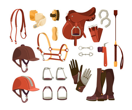 Equestrian sport accessories cartoon illustration set. Equipment for horse riding, helmet, brushes, tack, gloves, girth, uniform and saddle. Competition, race conceptのイラスト素材