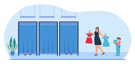 Mother with dresses and daughter going to fitting rooms. Woman trying on clothes in shop flat vector illustration. Fashion, shopping concept for banner, website design or landing web pageのイラスト素材