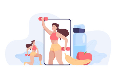 Tiny woman doing exercises using fitness app on huge phone. Personal program for training with online coach on mobile flat vector illustration. Health, sports, wellness, marketing concept for bannerのイラスト素材