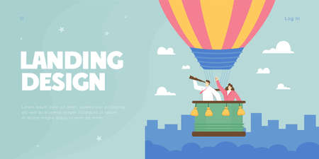 Business persons in hot air balloon searching for employees. Happy creative people finding work or vacancy flat vector illustration. Hiring, job search or hunting concept for banner, landing web pageのイラスト素材