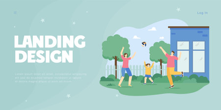 Family playing volleyball outdoor flat vector illustration. Happy mother, father and daughter spending time together near house, playing with ball in backyard. Healthy lifestyle, sport conceptのイラスト素材